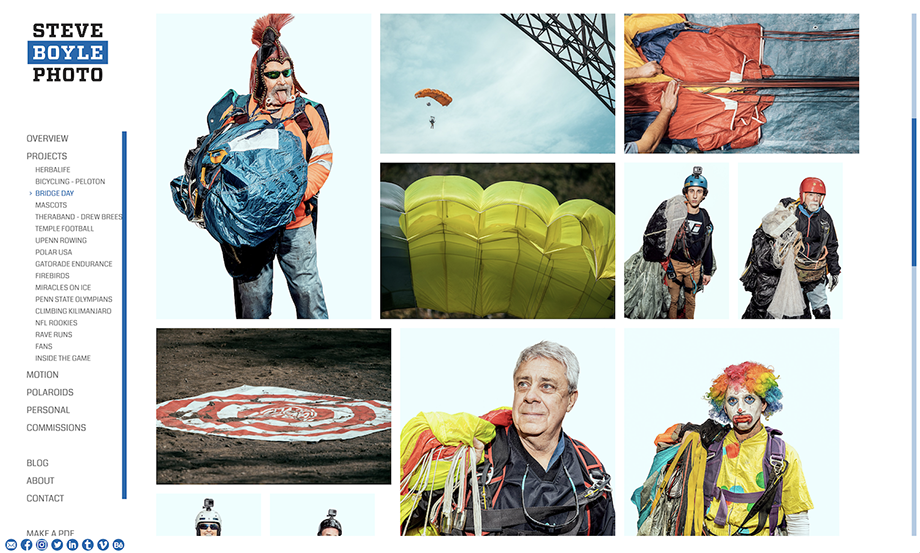 Screenshot of photographer Steve Boyle's website featuring images of clowns skydiving on Bridge Day.