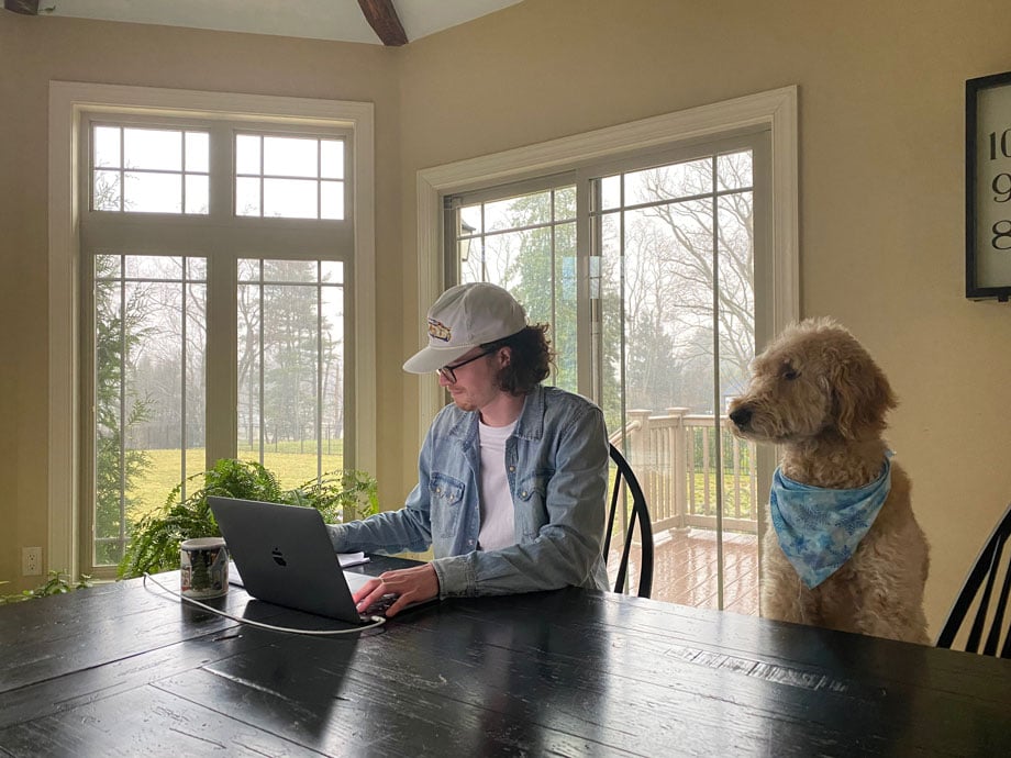 Ian and his dog, Lola, working from home in Dobbs Ferry, NY 
