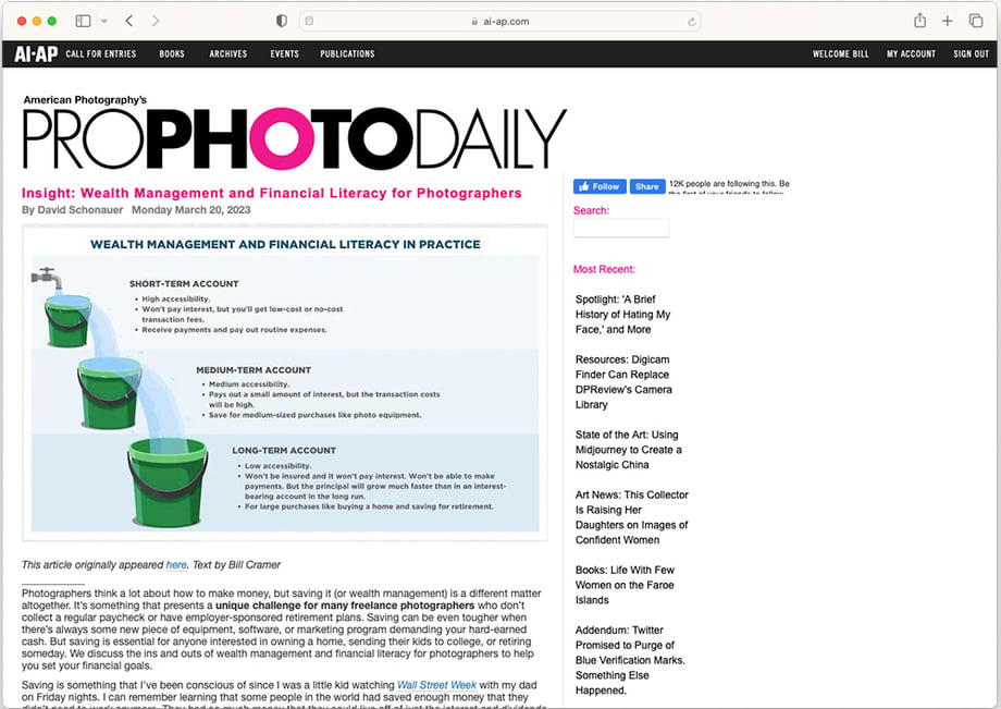 Expert Advice on Wealth Management for Photographers on Pro Photo Daily.