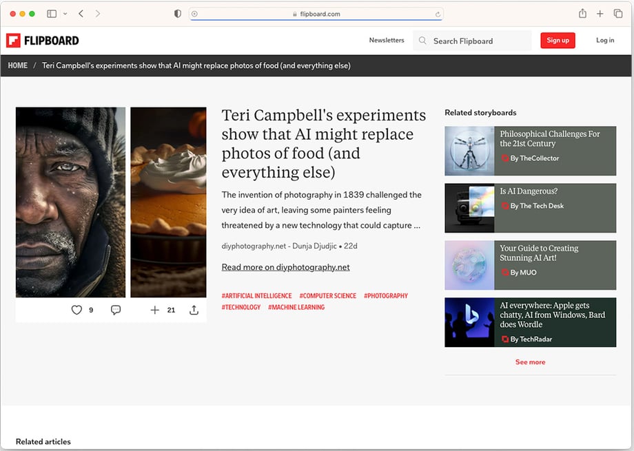 Screen shot of Flipboard's republished Wonderful Machine Photographer Spotlight article on Teri Campbell's work with ai.