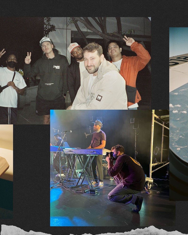 Montage of behind-the-scenes photos of photographer and band on tour.