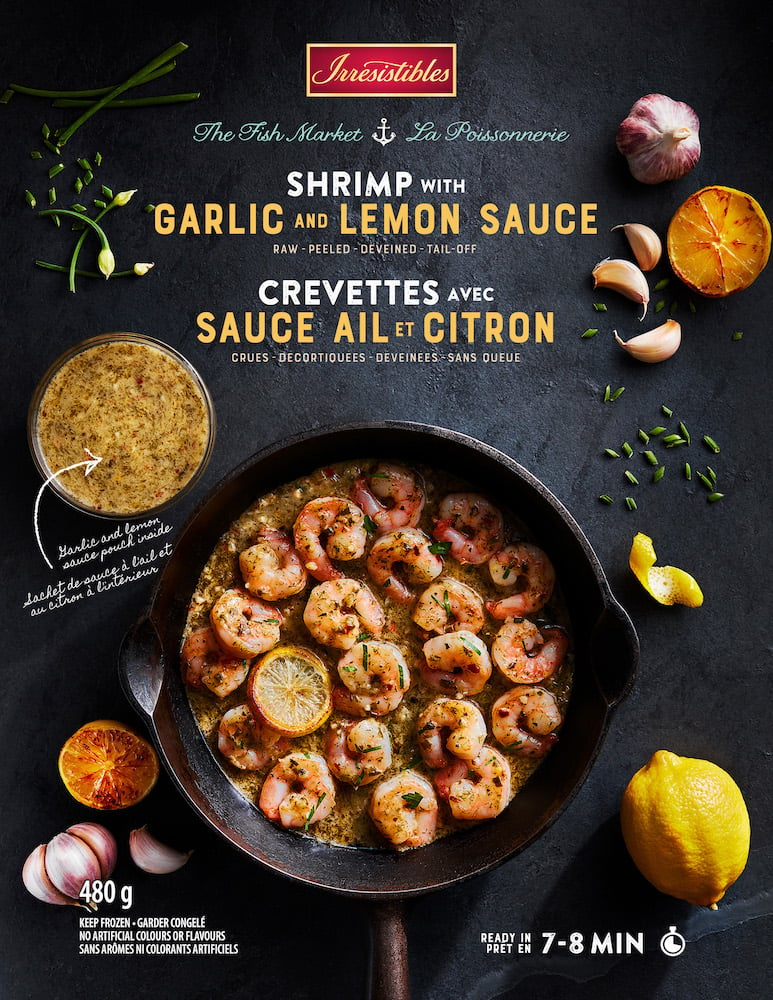 Photo ad for frozen shrimp, herbed shrimp with lemon and garlic in cast iron skillet, by Montreal, Canada-based food/drink photographer David De Stefano. David De Stefano, Metro Grocery Stores, grocery stor photography, food photography, food photographer, food packaging photography, food stylist, phoode