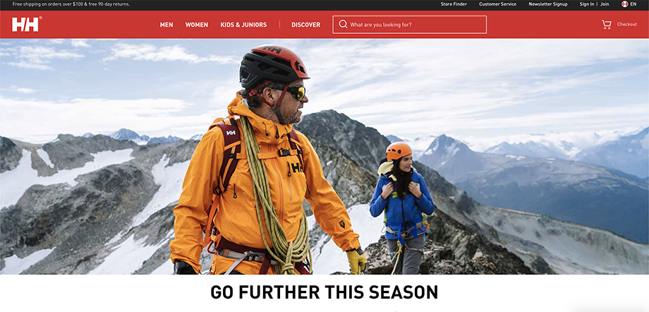 Michael Overbeck's work for apparel company Helly Hansen featuring two mountain climbers 