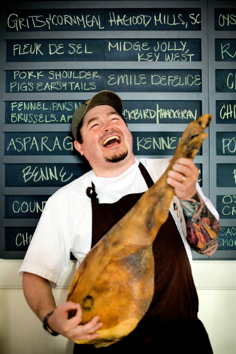Sean Brock playing air guitar on a goose shot by Charleston, S.C.-based food and portrait photographer Christopher Shane