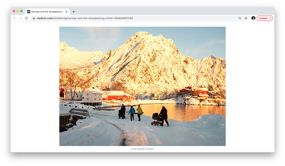 An image of locals passing in front of a snowy mountain in Norway shot by  Chloe Dewe Mathews for AirBnB Magazine