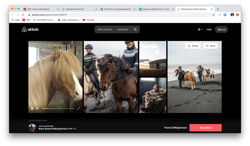 Screenshot tear of Abigail Bobo's Iceland shots on the Airbnb website includes a close up of a horse and riders