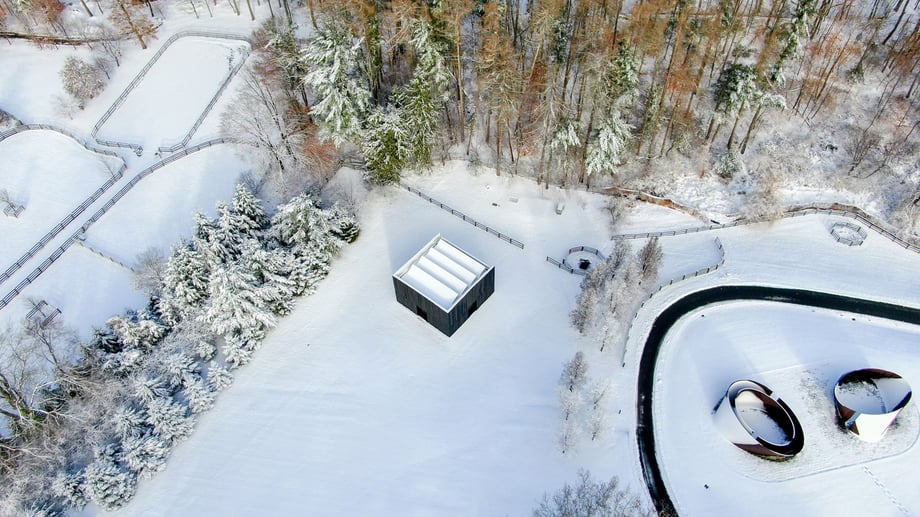 Aerial photo by Albert Cheung of the LX Pavilion during winter