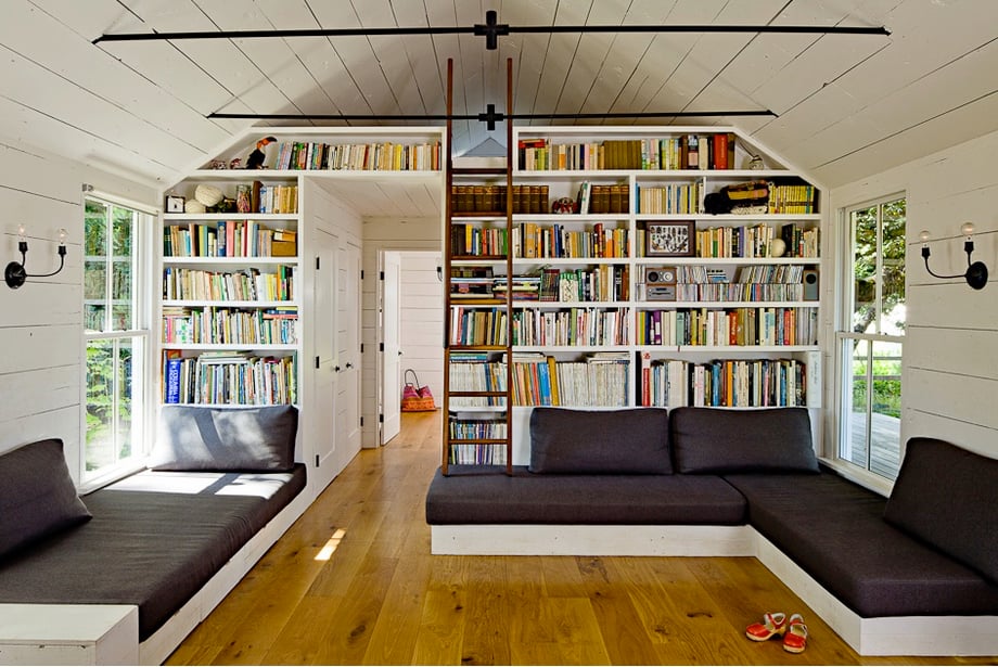Bookshelf wall in tiny home shot by Portland, Ore-based lifestyle photographer Lincoln Barbour