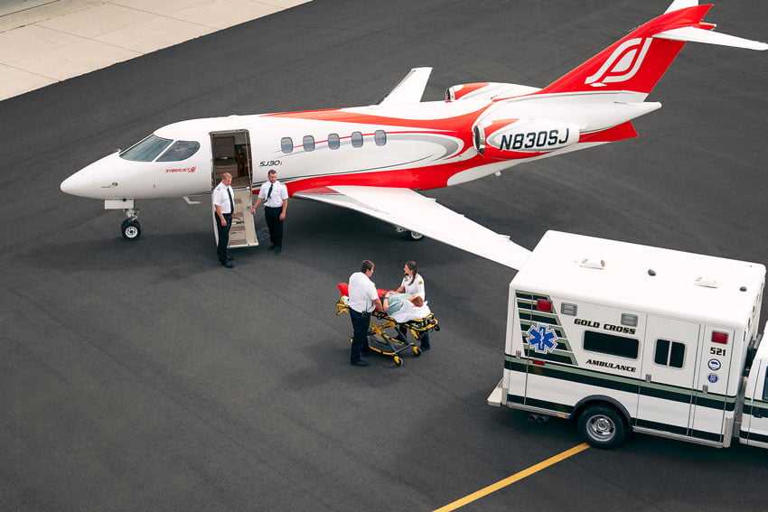 An aerial shot that Braxton Wilhelmsen made from a helicopter shows the Syberjet and an ambulance