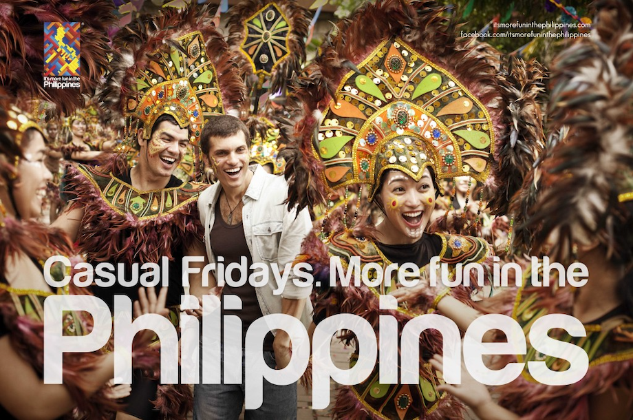 Lifestyle photography showing people enjoying a cultural celebration, with text overlay that reads "Casual Fridays. More fun in the Philippines."