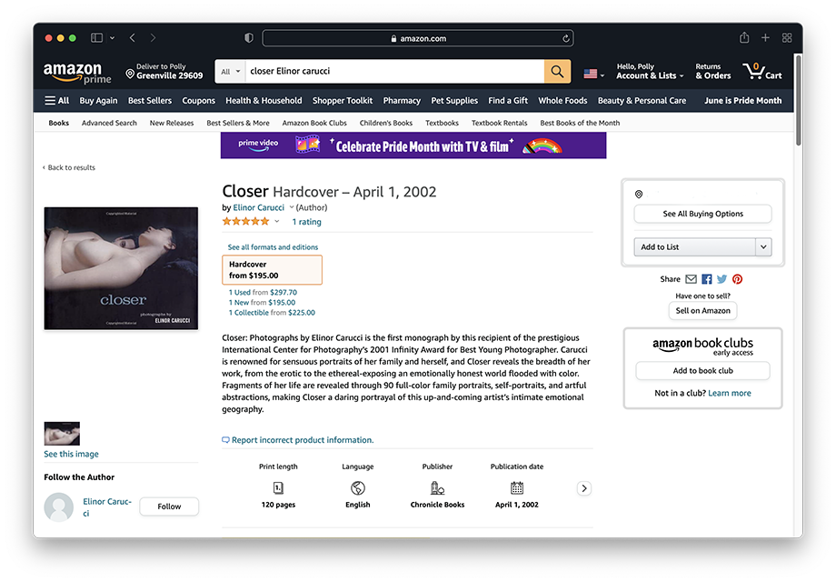 A screenshot showing the Amazon listing for Elinor Carucci's photobook Closer.
