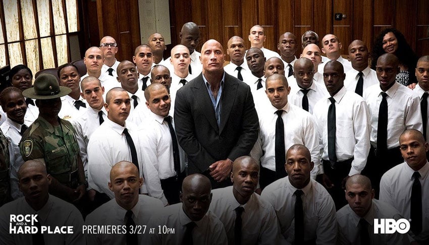 HBO promo piece for Rock and a Hard Place shows Craig Litten's photo of The Rock with the cast