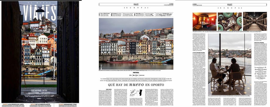 tear sheets showing Cristina Candel's travel photography of Portugal's City of Porto, in the Viajes section of El Mundo