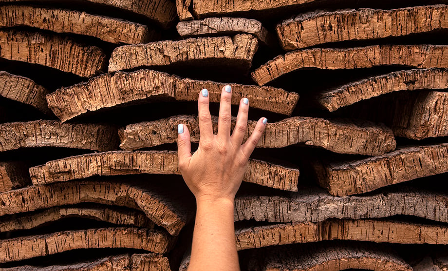 a hand against layers of wood pieces