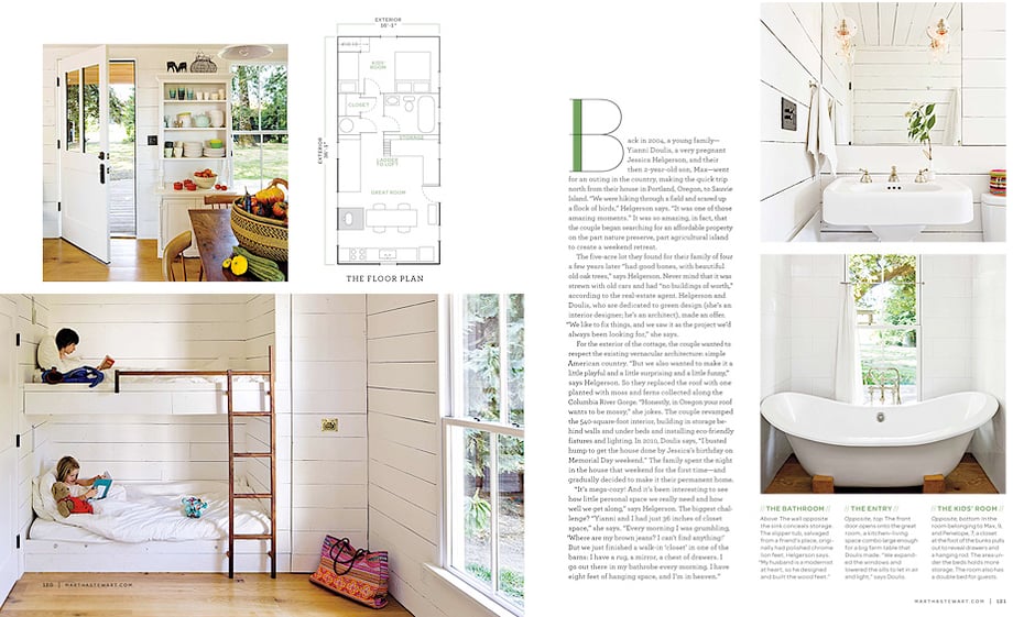 Tear sheets from Martha Stewart Living featuring interior shots of a tiny home, shot by Portland, Ore-based lifestyle photographer Lincoln Barbour