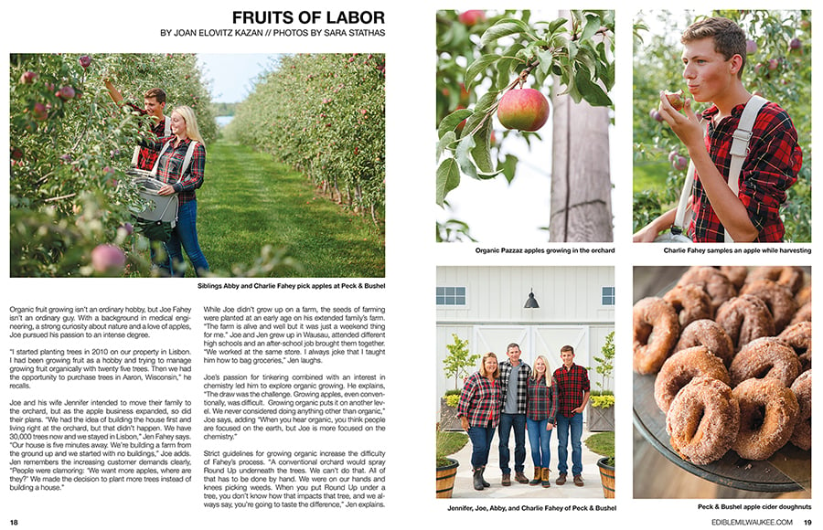 Double tear sheet shows several of Sara Stathas' photos in an orchard, plus apple cider donuts