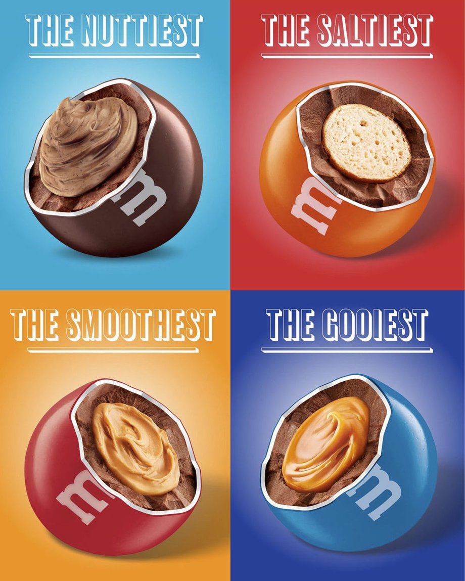 A poster of Francesco Majo's work shows four different types of M&Ms with captions describing the candies