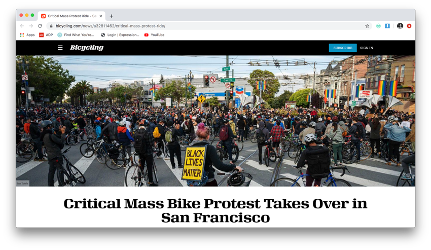 Ian Tuttle's photo of a crowd at the Critical Mass Bike protest is shown in an online tear from bicycling.com