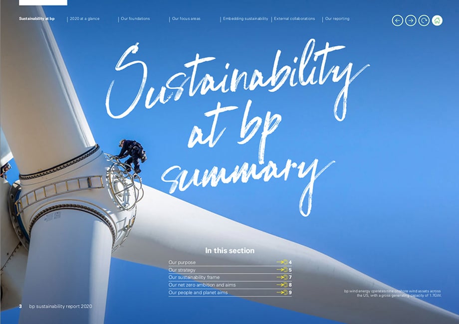 Worker on a wind turbine in BP’s 2020 Sustainability Report, image by Marc Morrison