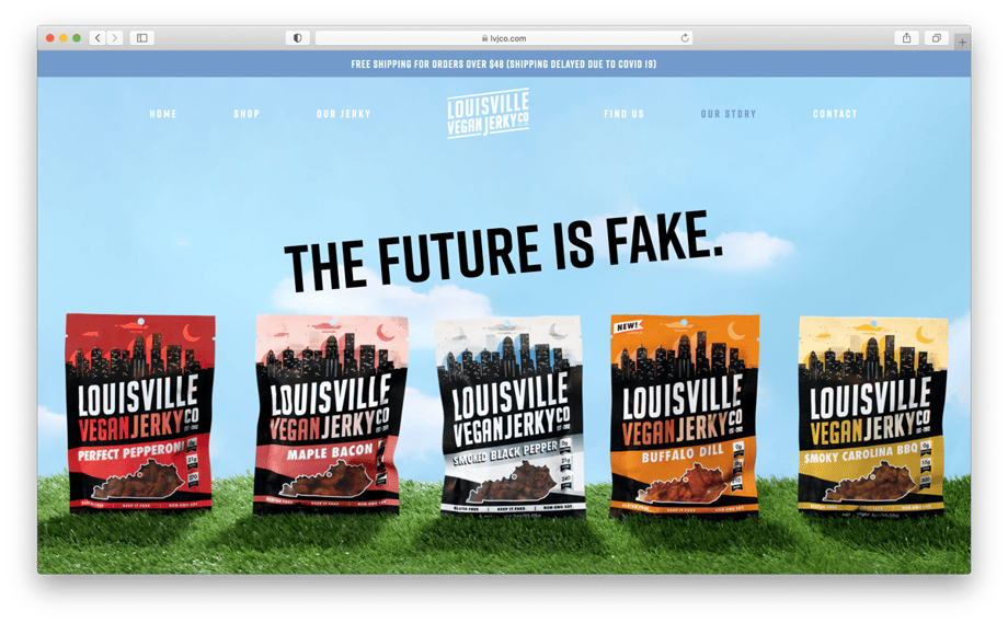 Jessica Ebelhar's product images on the homepage of the Louisville Vegan Jerky Co.