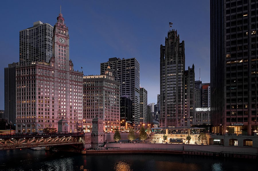 Chicago river and skyline by architecture photographer John Boehm