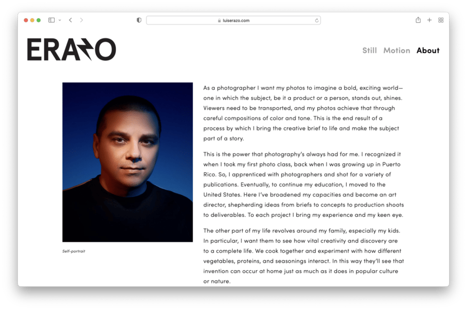 About page on photographer Luis Erazo's website with a bio written by Ashley Vaught