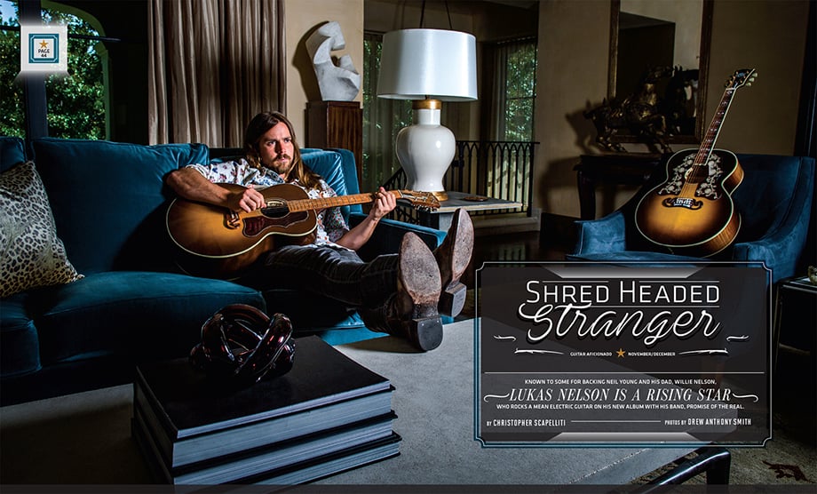 Lukas Nelson playing a guitar in a tearsheet for Guitar Aficionado, image shot by Drew Anthony Smith