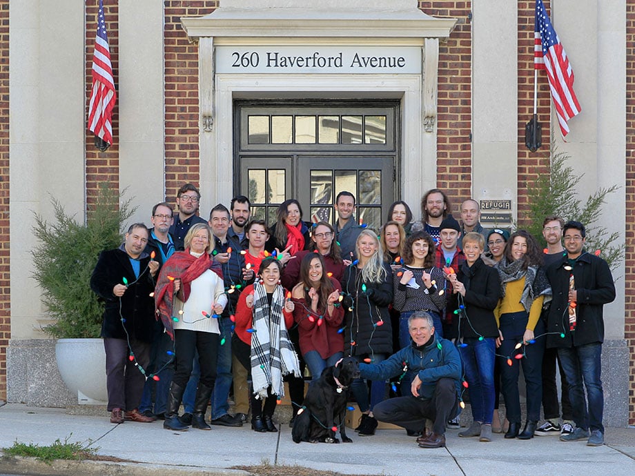 Wonderful Machine staff photo in front of their Narberth, PA headquarters.