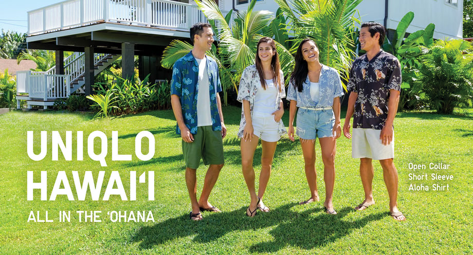 Marco Garcia's image for UNIQLO of two happy couple wearing Hawaii Shirts