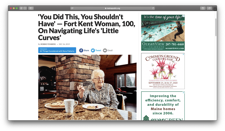 Online tearsheet from Down East Magazine of Michael Wilson's photos of Maine's centarians
