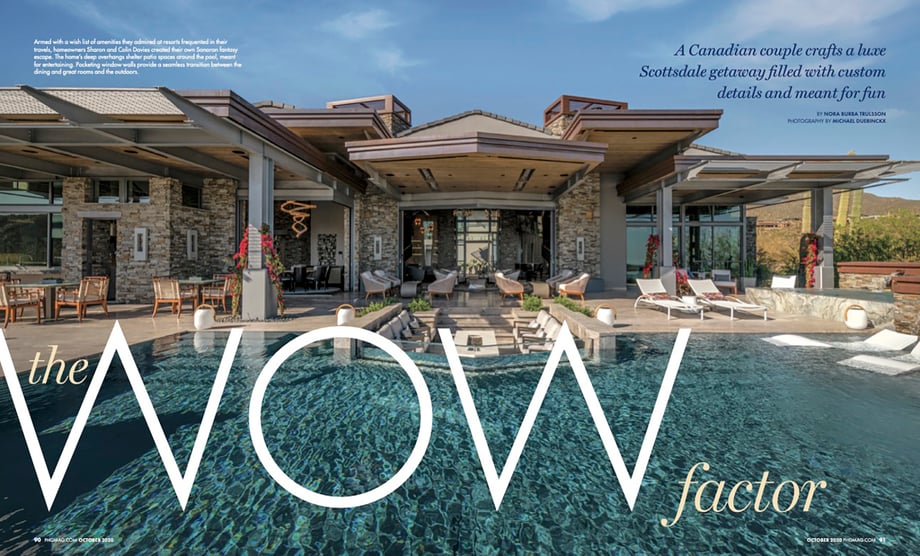 Tearsheet of luxury vacation home in Scottsdale, Arizona shot by Michael Duerinckx for Est Est Interior Design, featured in Phoenix Home & Garden magazine