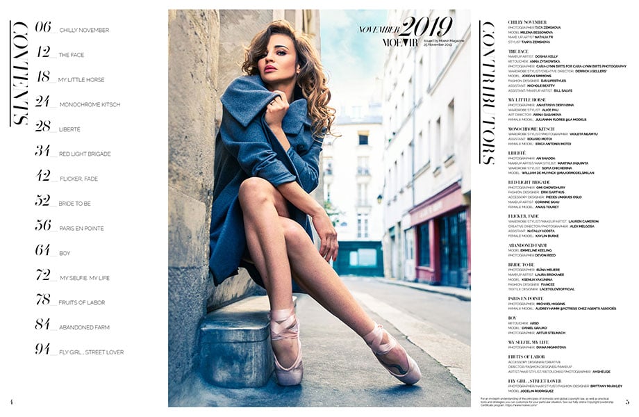 Tearsheet featuring a ballerina clutching a coat as she leans against a wall