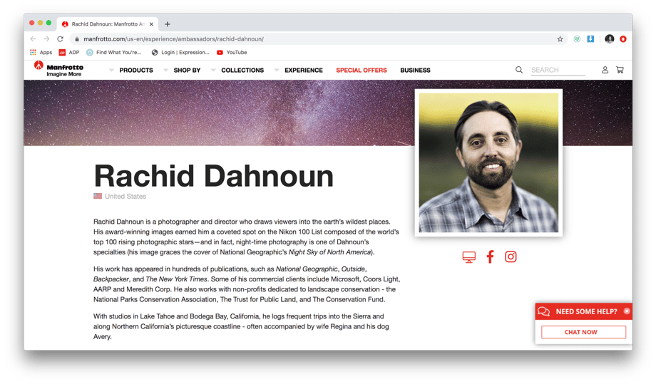 Rachid Dahnoun's bio page on the Manfrotto website