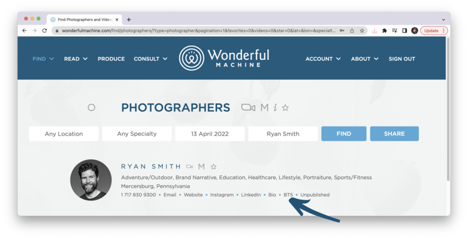 Screenshot of Wonderful Machine website feature where member photographers can now have a BTS video on their profile!