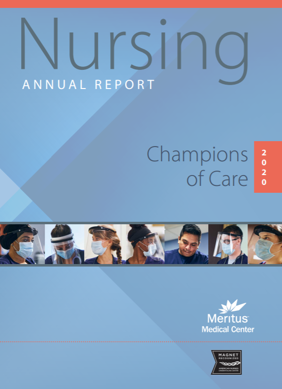 Cover of Meritus Medical Center's Annual Report with photos of nursing staff in PPE by Ryan Smith 