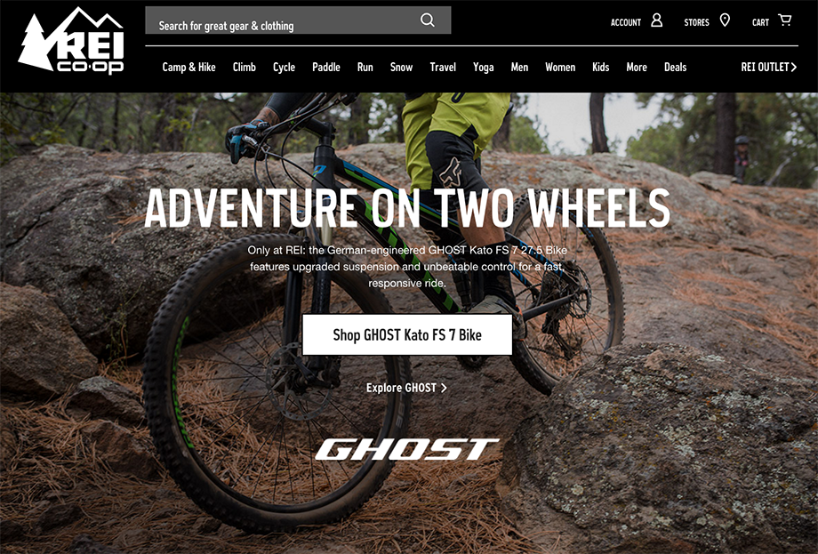 Tearsheet from the REI website showing an image of an athlete on a Ghost Kato Fs 7 27.5 Bike, shot by Isaac Lane Koval
