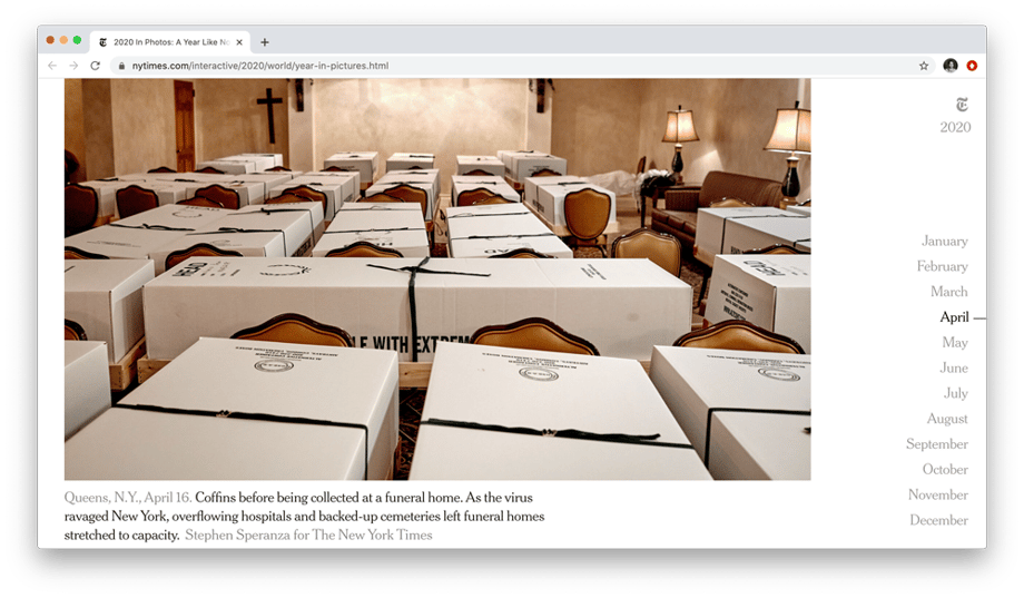 Screenshot of New York Times Year in Pics with an image of coffins by Stephen Speranza
