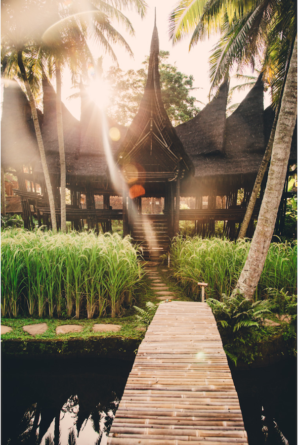The exterior of the tropical Bambu Indah Resort in Bali Indonesia by photographer Tai Power Seeff of Oakland, California. 