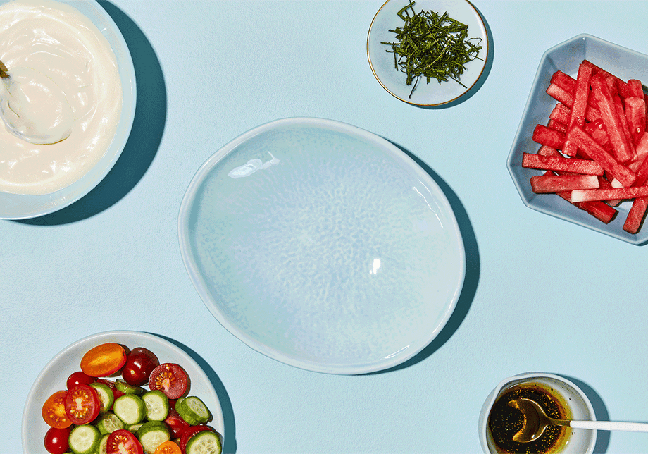 Gif by Tanya Zouev of a vegetable plate being assembled ingredient by ingredient. 