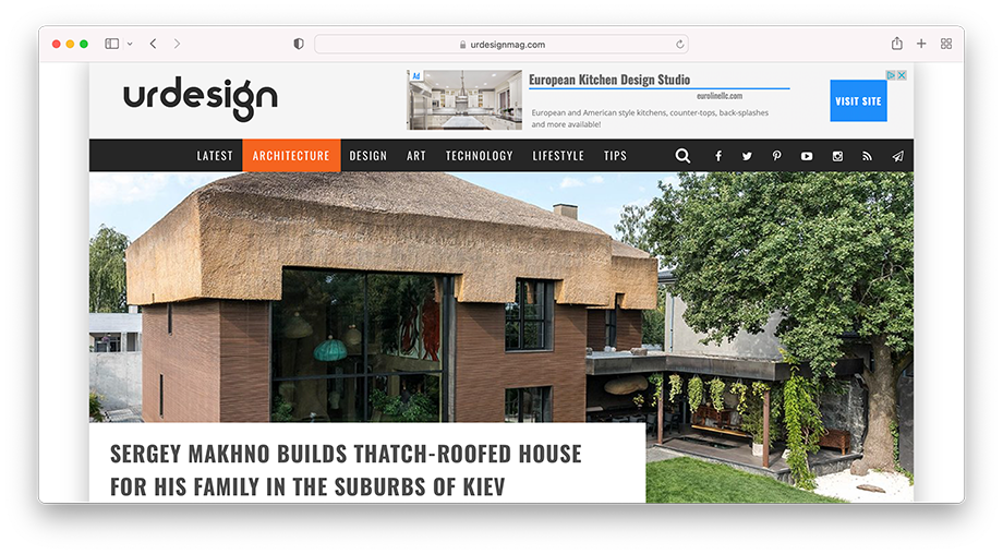 A tearsheet from Urdesign showing Sergiy Kaludin's architecture photograph of Shkrub House 