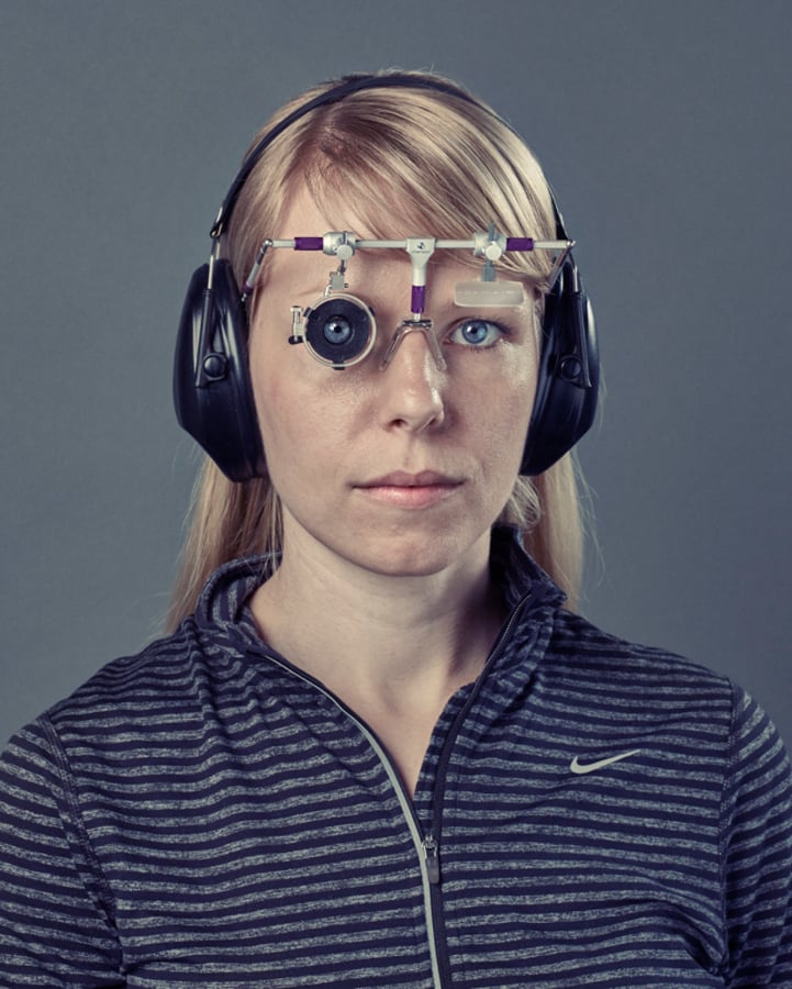 A woman wears an eye piece and noise blockers by photographer Urs Bigler of Hildsrieden, Switzerland