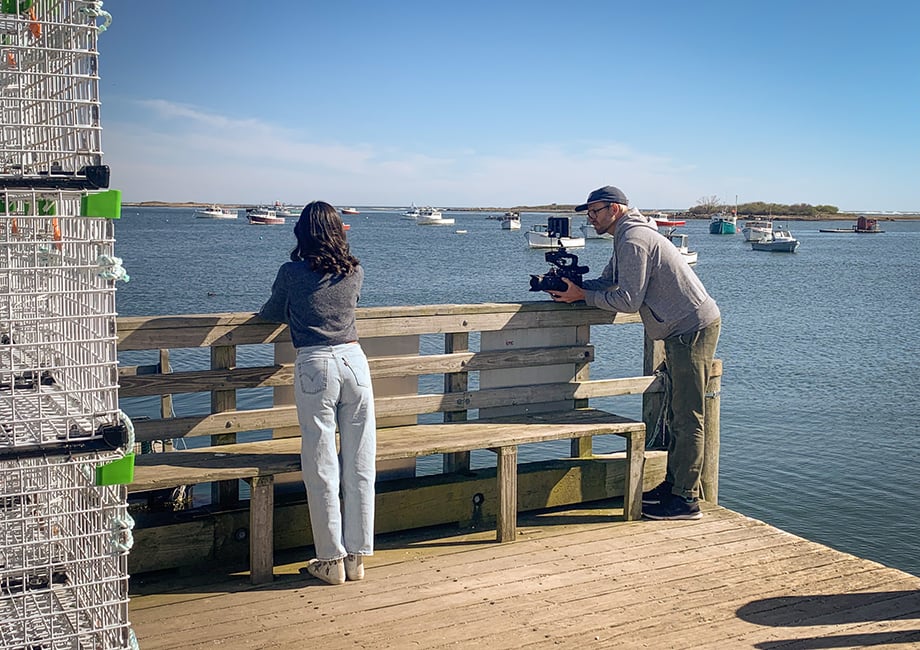 BTS of Trent Bell and Willow Zhu overlooking on dock in Maine