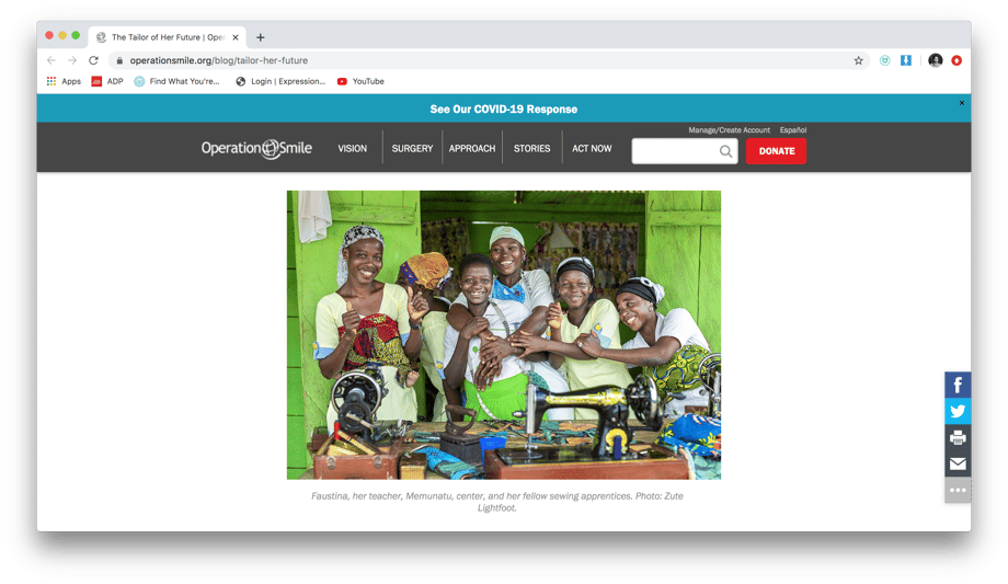 Screenshot from Operation Smile's website showing Zute Lightfoot's photo of Faustina, her teacher, and friends