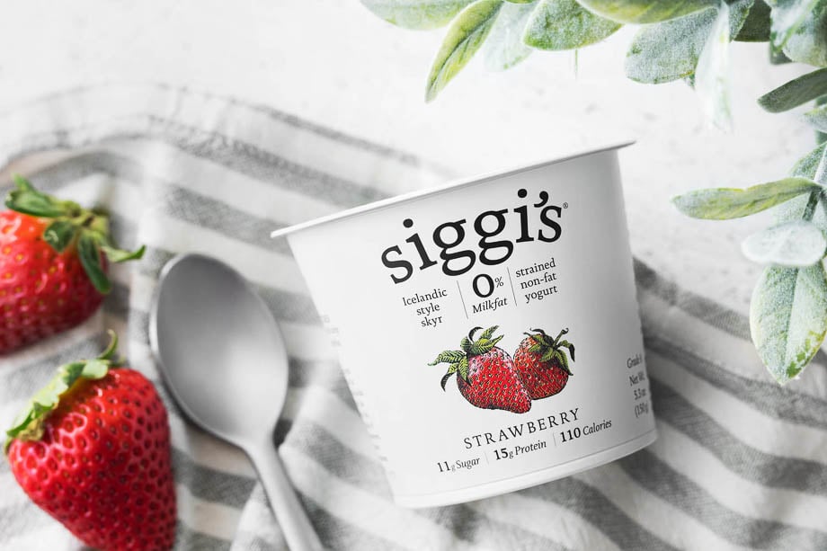 Photo of a Siggi's Icelandic style skyr strawberry yogurt cup taken by Boston-based product photographer Adam DeTour.