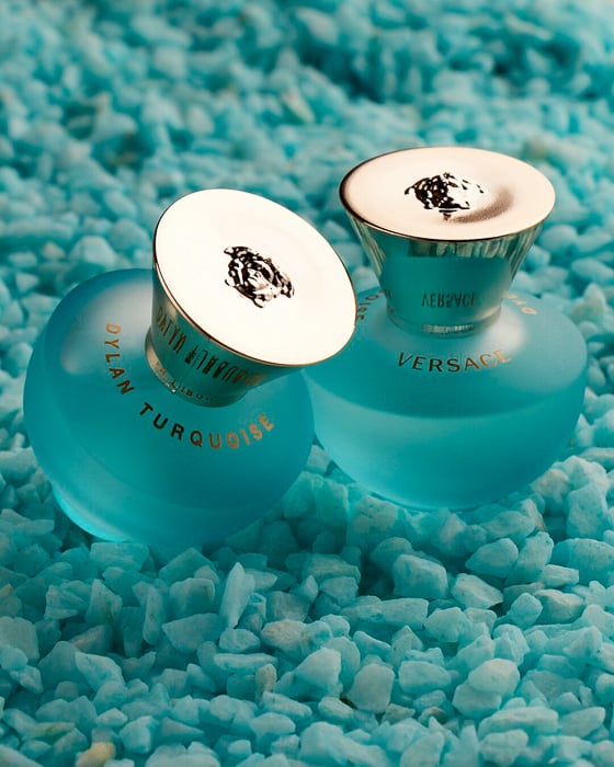 Photo of two Dylan Turqoise Versace bottles taken by New York-based product photographer Adrianna Favero. 