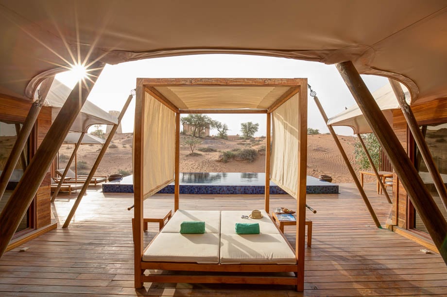 Photo of a hotel/resort's massage station overlooking a pool in the desert taken by Singapore-based hospitality photographer Alexander Manton of MotionPicturesAsia. 