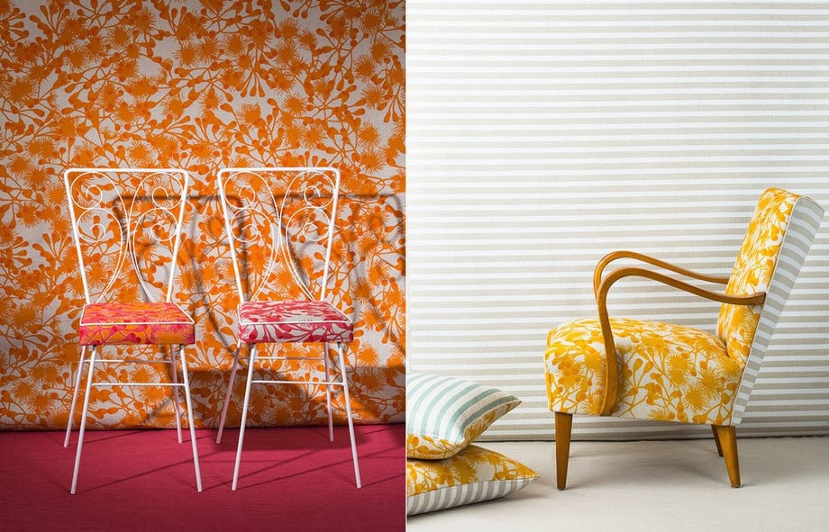 Photos by Andrew Richardson of brightly colored chairs with wild, plant-like designs on them.
