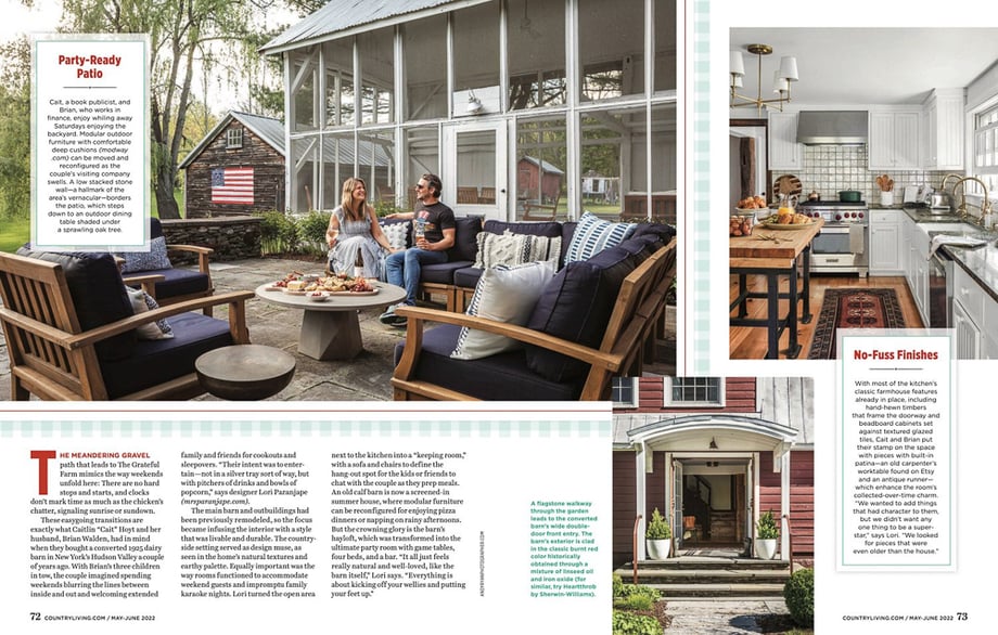 Country Living May-June 2022 tearsheet featuring the patio, kitchen, and entrance of a 1920s converted dairy barn. 