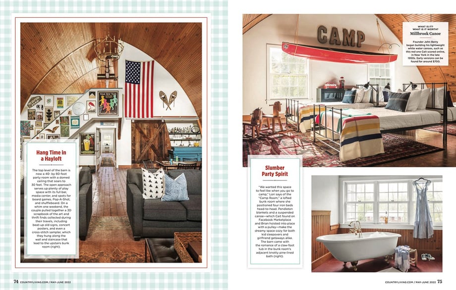 Country Living May-June 2022 tearsheet featuring a bedroom, bathroom, and living room of a converted dairy barn taken by Andy Ryan. 