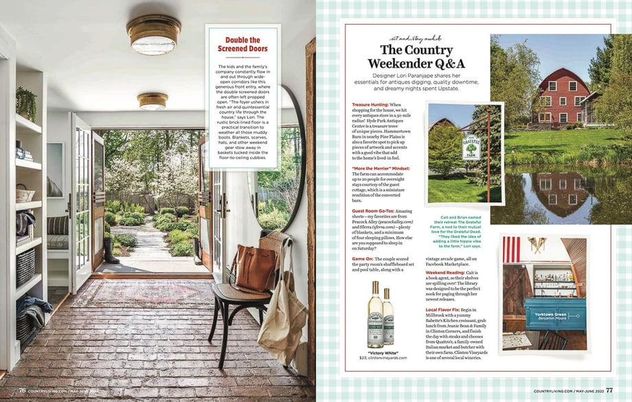 Country Living May-June 2022 tearsheet featuring indoor and outdoor shots of a converted 1920s dairy barn. 